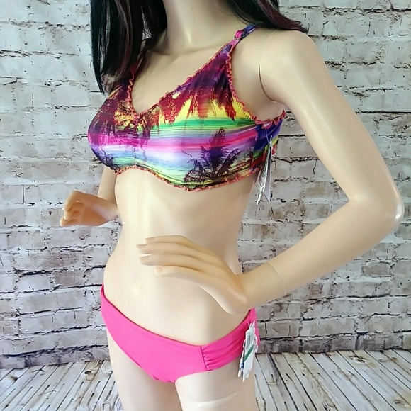 HP! Becca Yellow/Pink Palm Trees Swim Bikini Top - Picture 3 of 5